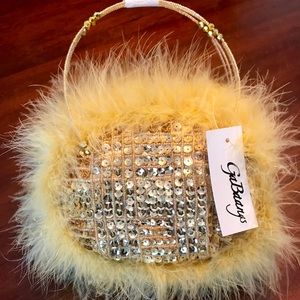 NWT, Gold Sequin and Feather Purse, Clutch